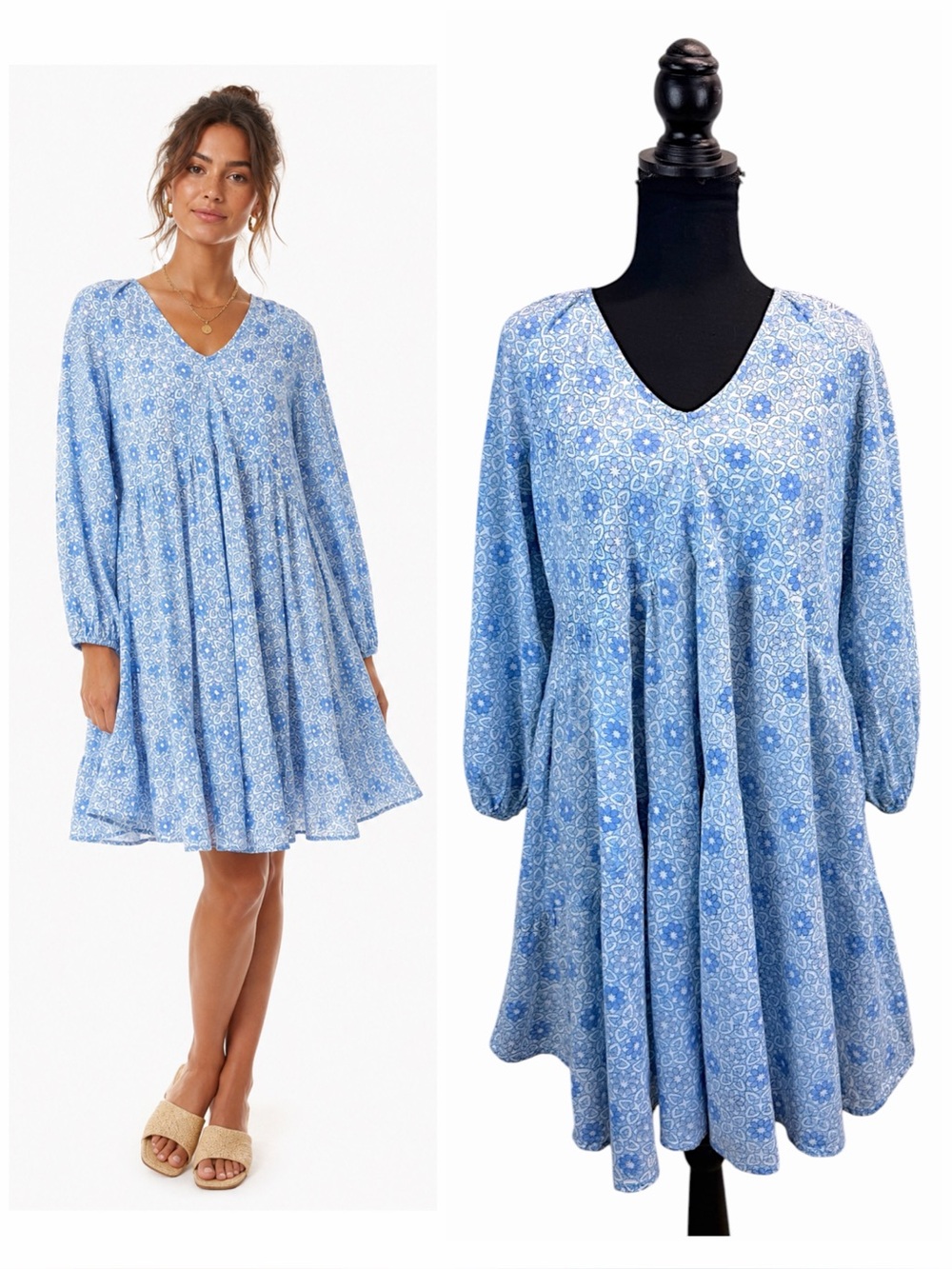 Monsoon & Beyond Handmade Blue Floral Babydoll Dress Cotton Boho Small